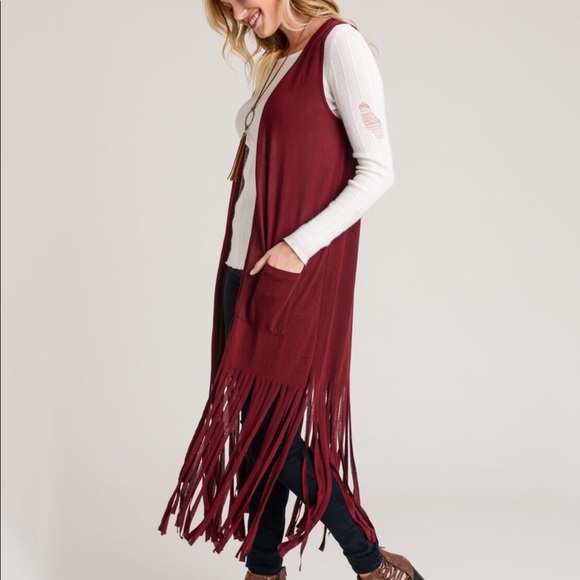 Burgundy Red Long Fringe Boho Vest Duster Last 1 ! - Picture 2 of 4
